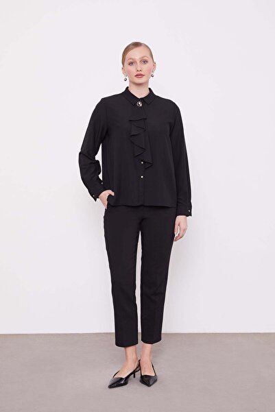 Levidor Black Collared Blouse with Scarf Brooch Detail