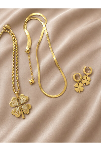 Kudi Oyuncak Four-Leaf Clover Steel Necklace Crush Chain Clover Earrings Trip...