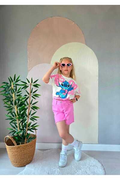 LİNA KİDS STORE KIZ ÇOCUK PAMUKLU STİTCH BASKLI T-SHORT DENİM ŞORT İKİLİ ALT ...