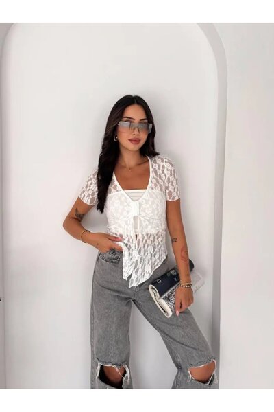 Cool & Sexy Women's Lace Detailed Transparent Blouse White