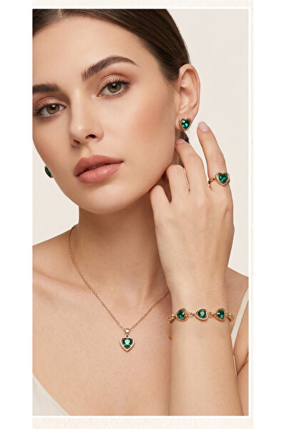 Generic Premium 4-Piece Gold & Emerald Heart Jewelry Gift Set - Necklace, Mat...