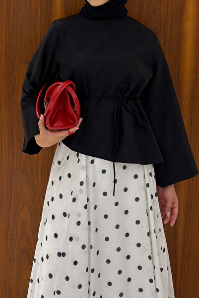 Faya Boutique Siyah Poplin İnce Kemerli Asimetrik Eliane Bluz