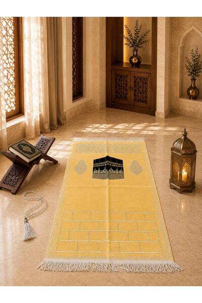 Altınoluk Haremia Kaaba Illustrated Micro Chenille Prayer Rug |   Gold Detail...