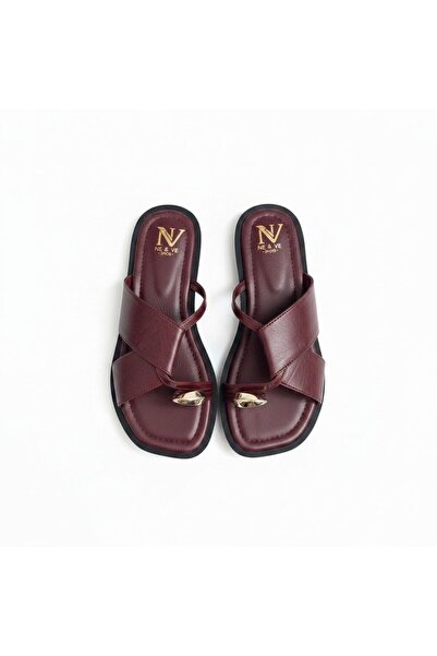 NE&VE SHOES Bordo Deri Aksesuar Detaylı Parmak Arası Kadın Terlik