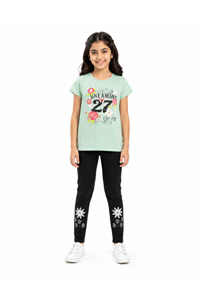 Generic Girls' Set Mint Green T-Shirt Black Leggings with Flowers Print Size 10Y