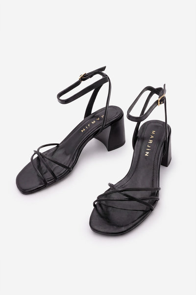 Marjin Women's Blunt Toe Ankle Thin Cross-Strapped Thick Heeled Sandals Dovin...