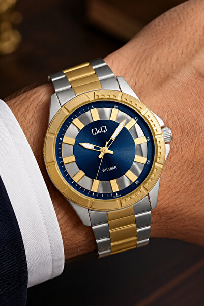 Q&Q Men's Silver Gold Metal Cord Navy Blue Dial 5 Bar Wristwatch 2 Year Warranty