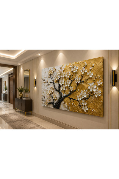EvimeTablo Beyaz Gold Çiçekli Ağaç Kanvas Tablo | Modern Soyut Duvar Dekoru |...