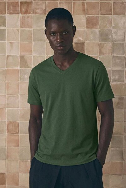 DAMGA JEANS Men's Cotton Flexible Khaki V-Neck T-Shirt