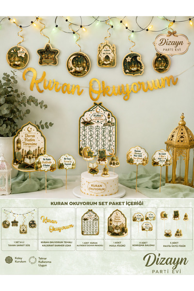 Dizayn Parti Evi Kuran Okuyorum Yeşil Gold Set – Banner, Tavan Sarkıt, Duvar ...