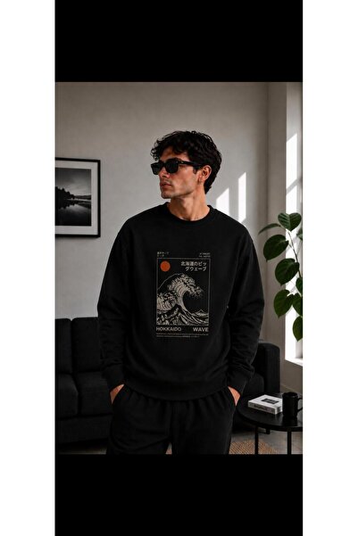 caddekombin Unisex Hokkaido and Wave Printed Crew Neck Sweatshirt