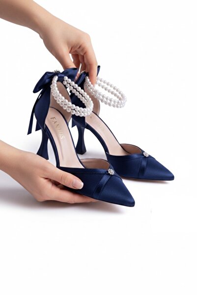 Famels Navy Blue Satin, Heeled Shoes with White Pearls and B.T. Stones, Eveni...