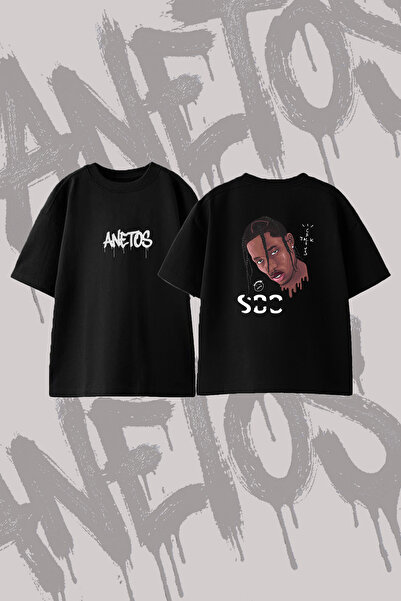 Anetos Travis Scott_21 Dizajn T-shirt majica sa širokim izrezom i printom, crna
