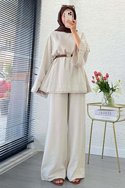 MELEK ARAZ Premium Fisto Detaylı Nua Keten Pantolon Takım - Natural