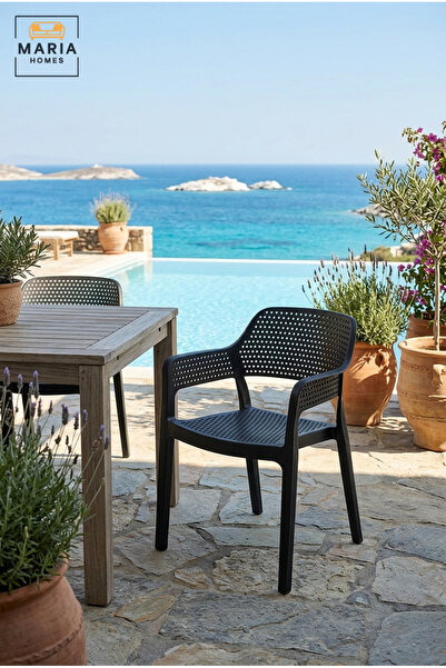 MARIA HOMES Modern Black Plastic Outdoor Armchair – Stackable Patio Chair wit...
