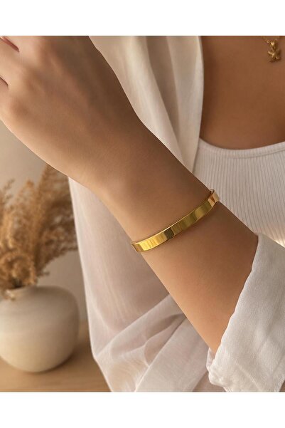 Can&Mare Düz Yassı Gold Kelepçe Bileklik
