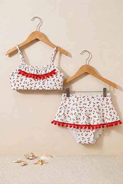 ZUZUNGA Set bikini pentru fete cu bretele, cu model cireșe și detaliu cu pomp...
