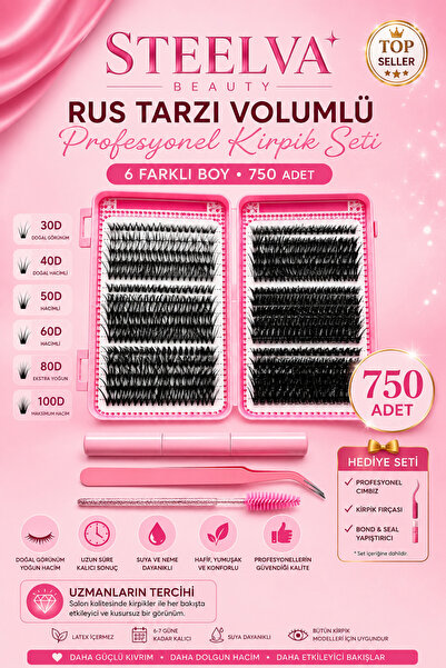 STEELVA Takma Kirpik Seti 750 Demet Kirpik,Yapıştırıcı, Sabitleyici, Cımbız v...