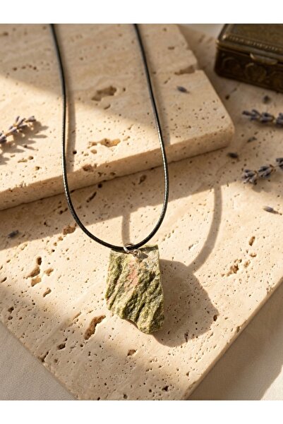 Meneva Aksesuar Raw Cut Unakite Natural Stone Leather Cord Necklace