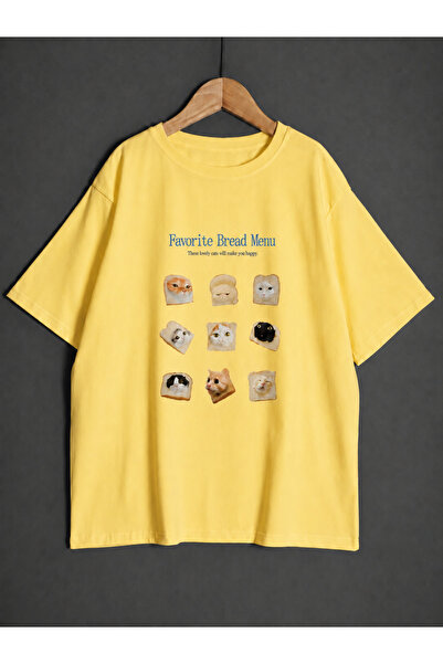 ZİYMO Unisex Cat and Bread Printed Oversize T-Shirt