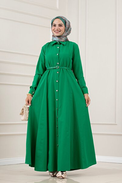 Sevitli Shirt Collar Belted Berra Dress-Green