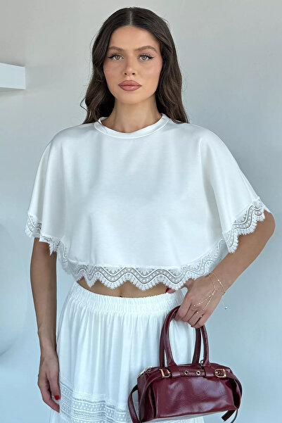 Aryena Cream Women's Crew Neck Lace Detailed Bat Sleeve Blouse