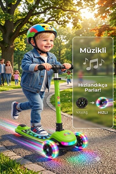 PlayZen Işıklı Müzikli 3 Tekerlekli Çocuk Scooter, Led Tekerlekli, Işıklı Tab...