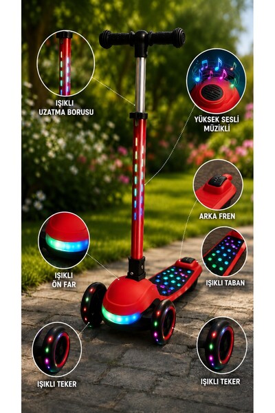 Genel Markalar Işıklı Müzikli 3 Tekerlekli Çocuk Scooter, Led Tekerlekli, Işıklı Tabanlı, Arka Frenli Scooter 3+ Yaş