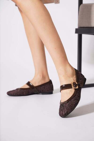 Moda Pie Uresan Lace Detailed Belted Women's Ballerina Flats Brown
