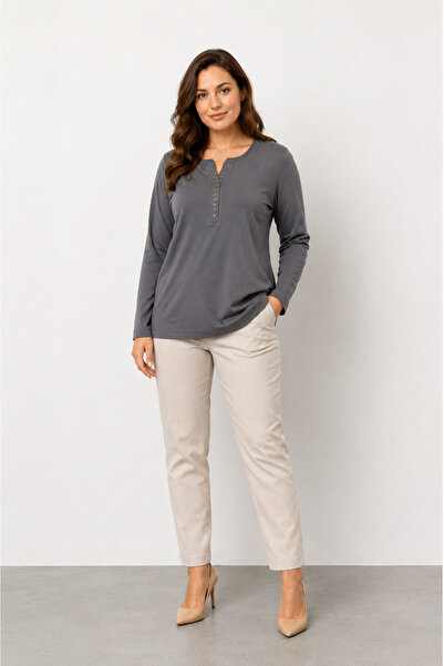 bihan store Women's Stone Detailed Long Sleeve Blouse Y26-2133 - Gray