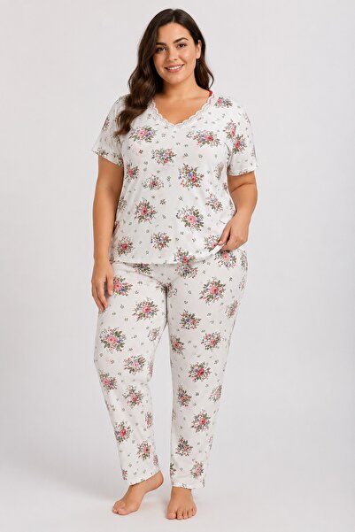 CottonVia Mother's Pajama Set, V-Neck, Lace, Short Sleeve, 100% Cotton, Witho...