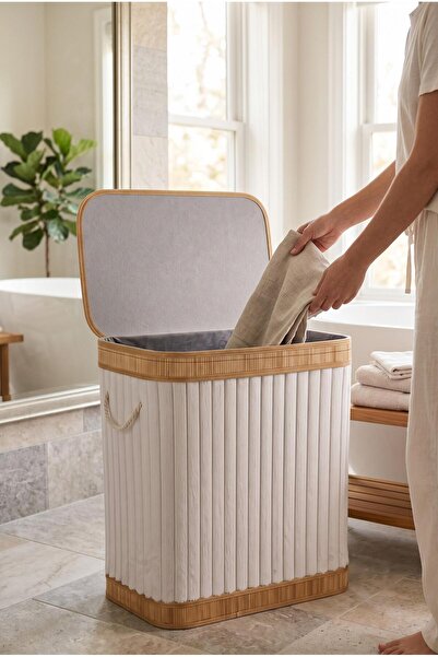 ALBETTO Katlanır Bambu Kirli Çamaşır Sepeti Peluş Kaplamalı Büyük Boy Beyaz