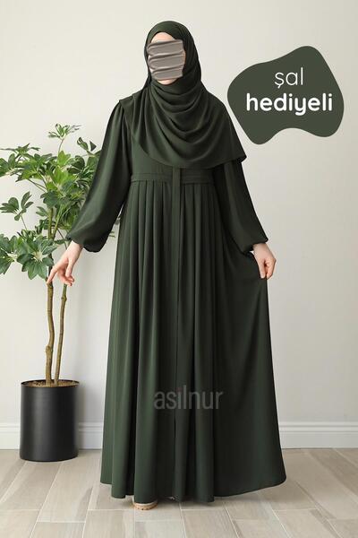 ASİLNUR Meva Pleated Ferace Shawl Gift Set Khaki