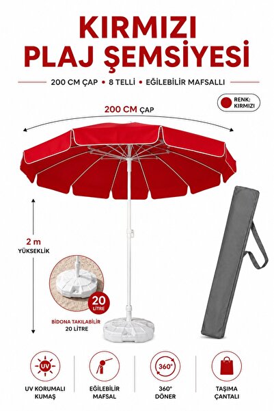 Düvenci Kırmızı Plaj Şemsiyesi 200 cm Çap / 10 Telli + Bidon + Taşıma Çantası...
