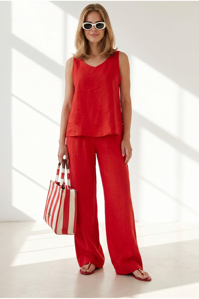 Olalook Women's Red Top V-Neck Bell Blouse Bottom Pocketed Pants Soft Texture...