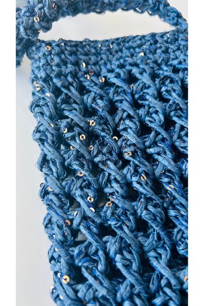 edirneörgü Navy Blue Sequined Beaded Hand Knitted Phone Bag with Cross Strap