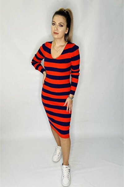 FashionApp Rochie midi, Ana Knit, Mov/Portocaliu