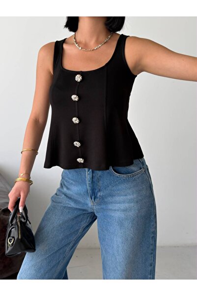 NEW JOURNAL Women's Black Square Neck Button Detailed Corset Stitched Blouse ...