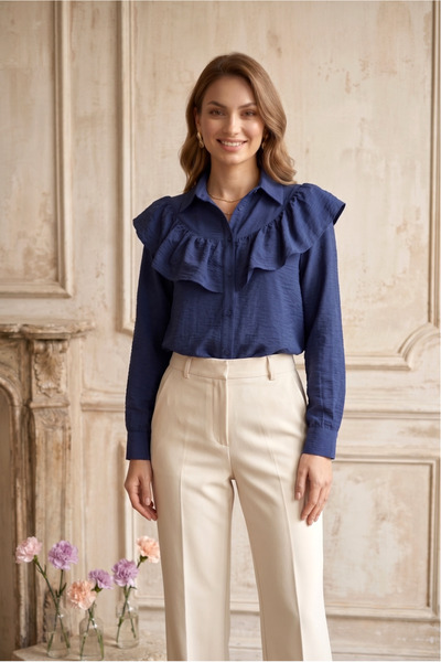SADEL Yakası Fırfırlı Düğme Kapamalı Rayon Tunik - Lacivert