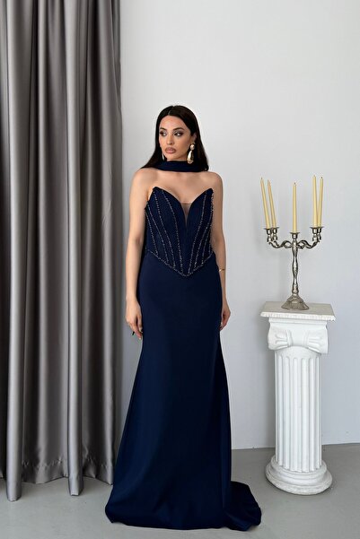 Serica Moda Lacivert Straplez Dantel Korse Detaylı Fularlu Balık Model Abiye ...