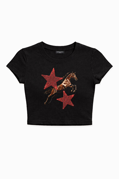 Fer Valiant Tricou crop cu imprimeu Star Horse și strasuri