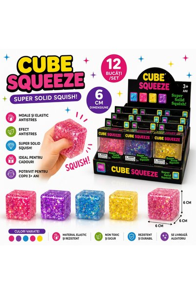 Squishy Cube Squeez, Jucărie antistres 6cm cu sclipici, 5 ani+