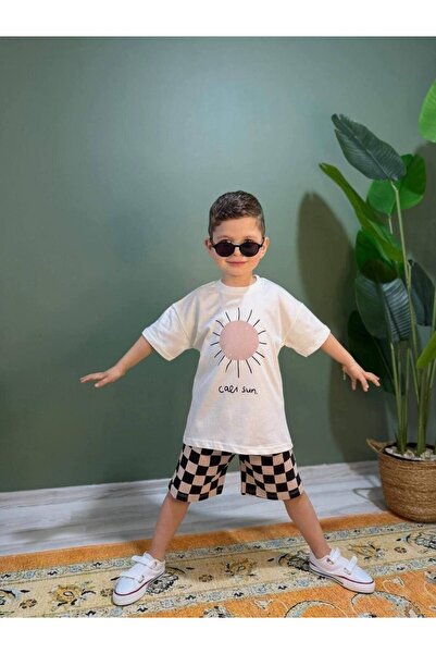 RÜYA KİDS Boy's Checkered Shorts Summer 2-Piece Top and Bottom Set