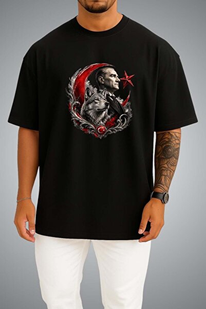 Bahriyeli Collection Oversize Ataturk Wolf and Moon Star Chest Printed Unisex...