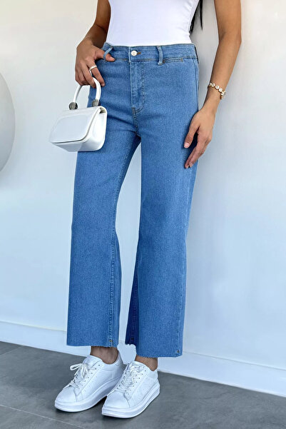 Aryena Blue Women's High Waist Lycra Tassel-Legged Jean Jeans
