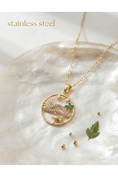stainless steell 316L Steel Chain Gold Color Lucky Necklace Model Zircon Ston...