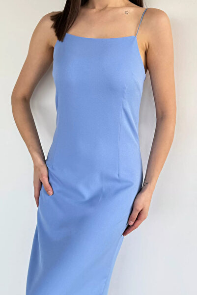 Aryena Blue Women's Strappy Dress with Slit Detail