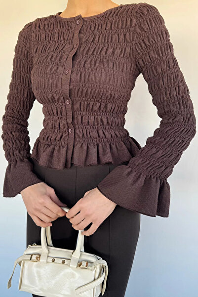 Aryena Coffee Women's Front Buttoned Ruffled Gipeli Blouse