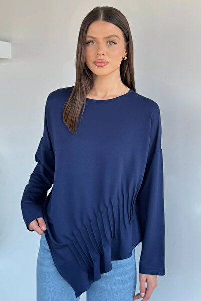 Aryena Navy Blue Gülseli Women's Pleated Asymmetrical Cut Blouse