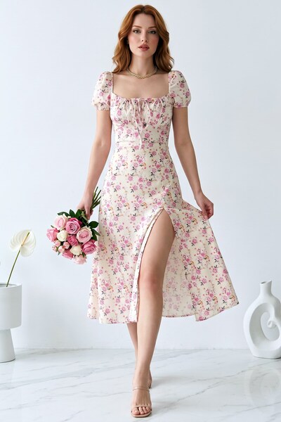 hadiora Ecru Lace-Up Collar Watermelon Sleeve Floral Midi Dress